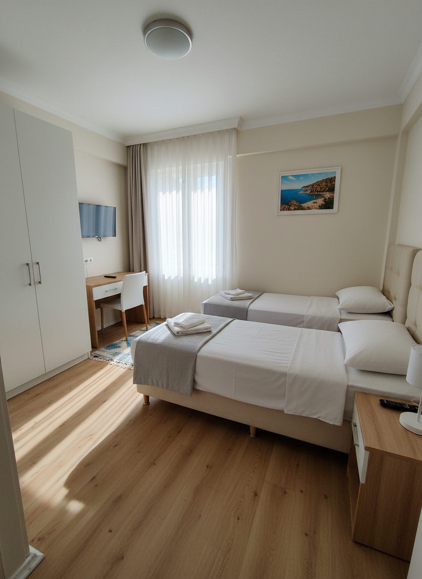A cozy bedroom of Çakır Apart Otel optimized for families, depicted in photographic realism. Two neatly made single beds with crisp white linens and light grey throws stand side by side against a simple upholstered headboard wall, with a compact wooden nightstand in between. A built-in wardrobe with smooth, matte white doors lines one side, while a small desk and wall-mounted flat-screen TV occupy the opposite wall. A large window with sheer white curtains allows soft, diffused daylight to fill the room, casting gentle, inviting shadows and bringing out the warm tones of the laminate flooring. Shot from a corner at eye level with a moderately wide lens, the entire room is clearly visible, emphasizing cleanliness, functionality, and a calm, professional atmosphere well-suited to families on Avşa Adası.